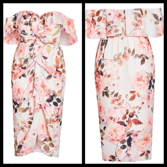 City Chic Floral Off Shoulder Midi Dress 16, 20, 22 NWT - Picture 2 of 5